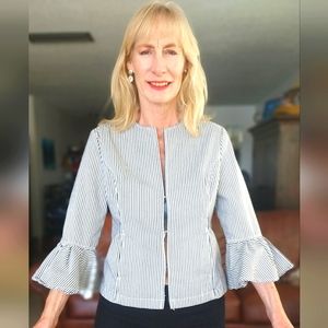 Live A Little Navy and white striped jacket with flounced sleeve